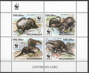 Мозамбик, 2016, WWF, Выдры, 4 марки в малом листе